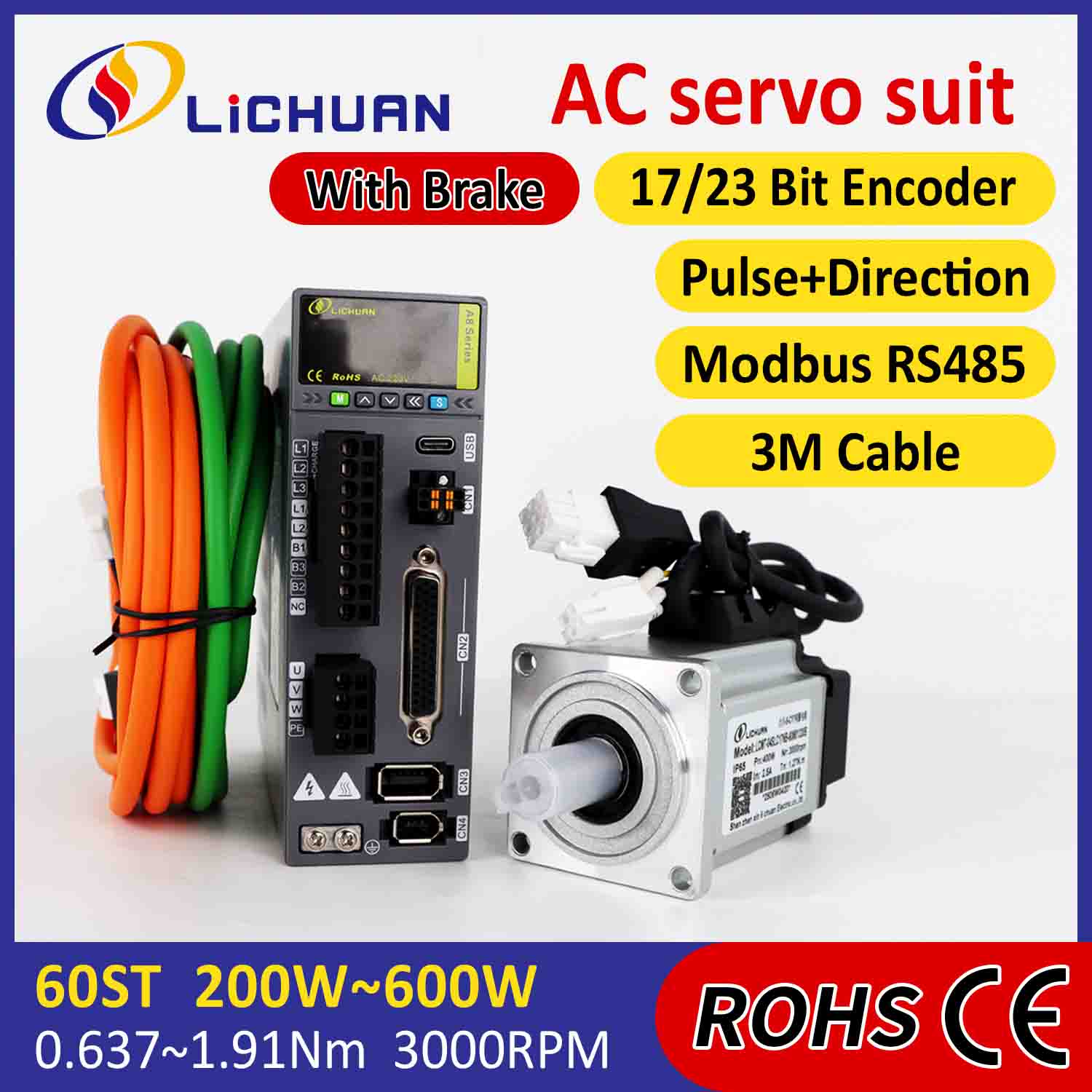 Lichuan AC Servo Motor Drivers Kit A8 High Accuracy STO ABZ 600W 1.91N.m 220V 3.3A 3000RPM IP65