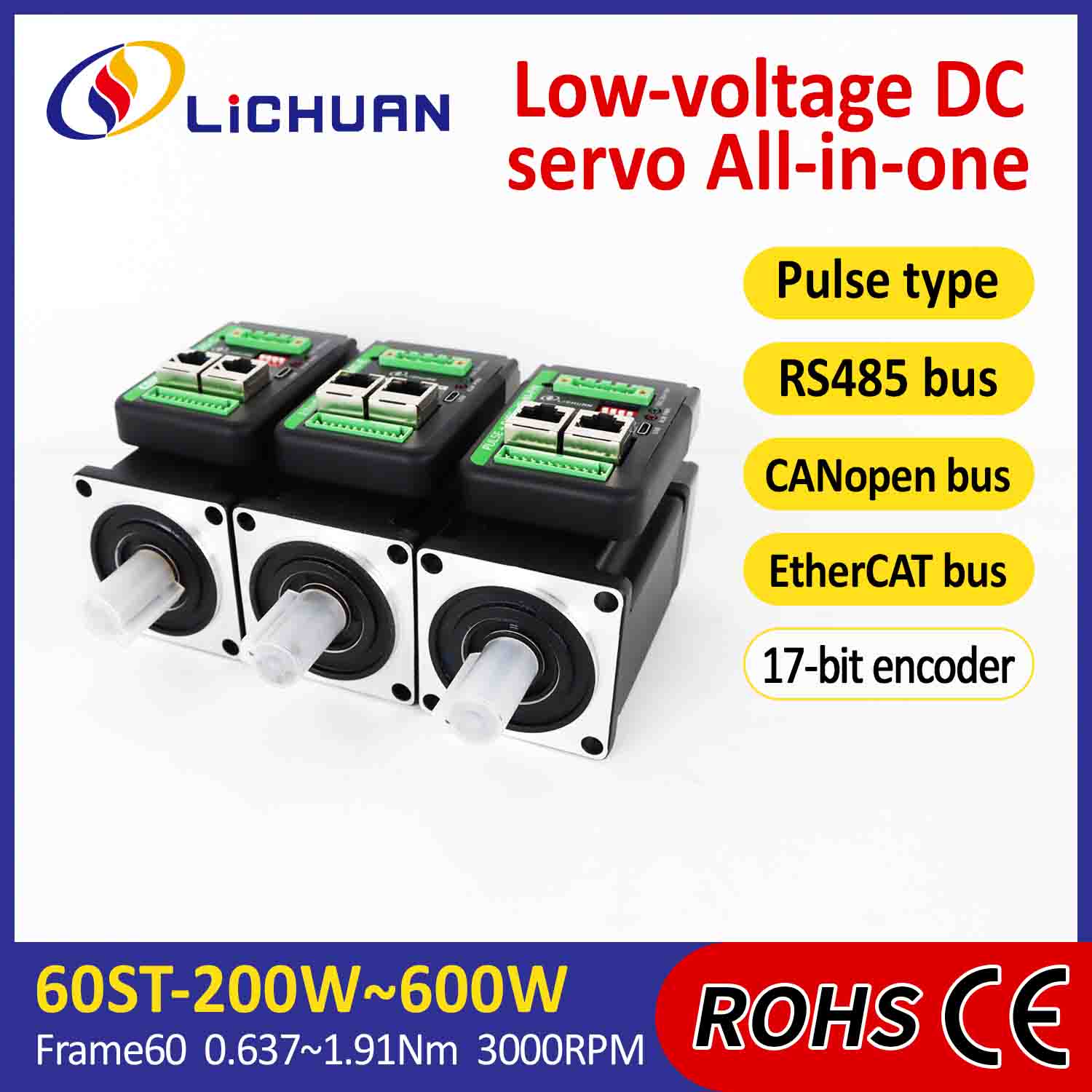 Lichuan Integrated Servo Motors Driver Hugis-L na 600W 1.91N.m DC24/48V 6.0/10/12/15A 3000RPM IP65
