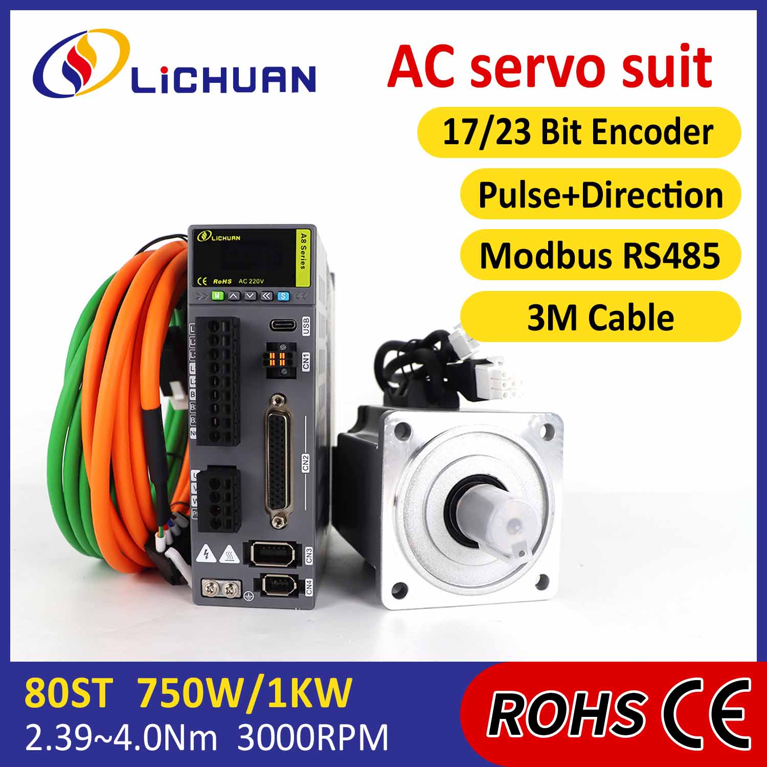 Pulso/rs485 750W/1000W/1001W 2500/3000rpm a8 mataas na kawastuhan sto abz ac servo motor driver kit