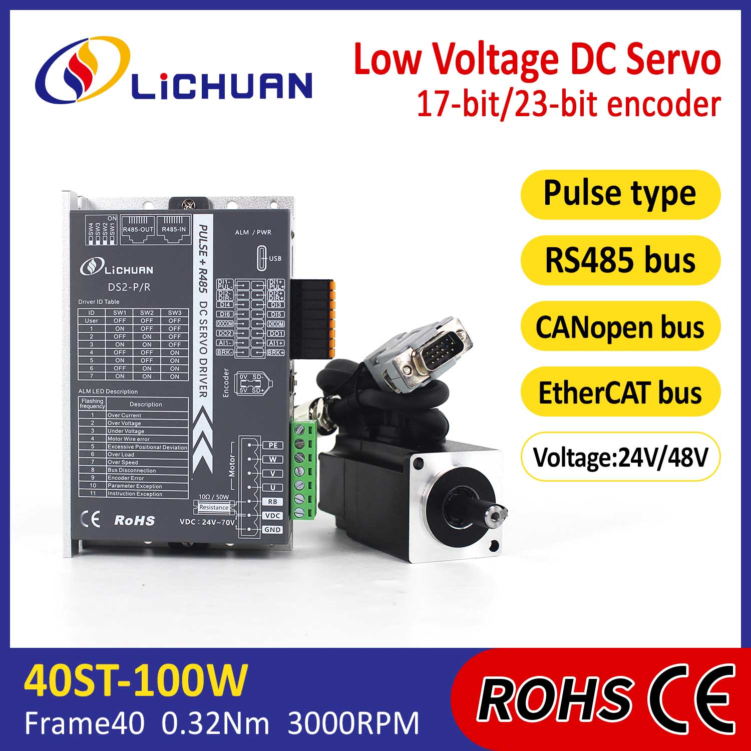 Pulse/rs485/canopen/etercat 40 flanged 100W mababang boltahe DC servo motor driver kit