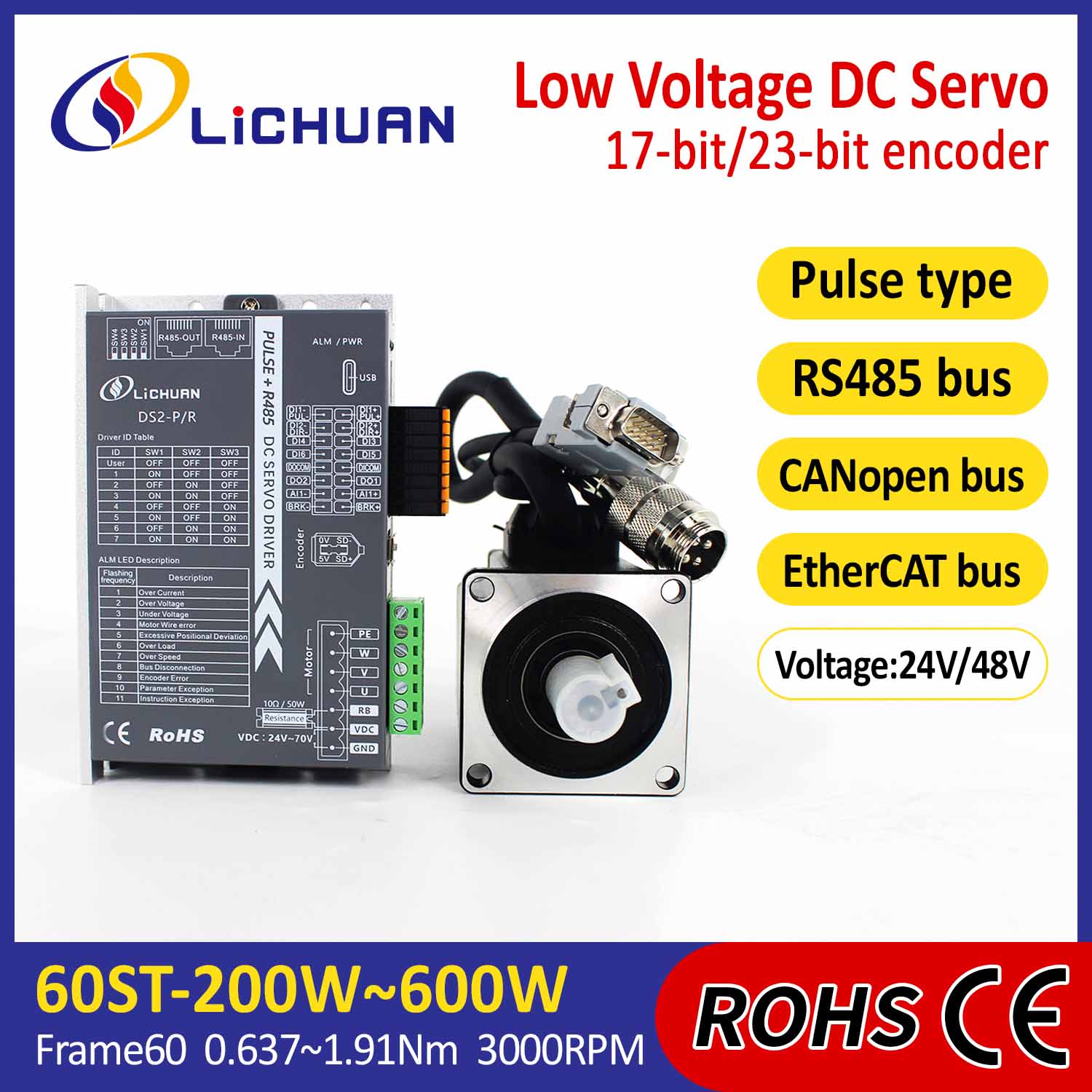 PULSE/RS485/CANOPEN/ETHERCAT 60 FLANGED 200W/400W/600W Mababang Boltahe DC Servo Motor Driver Kit