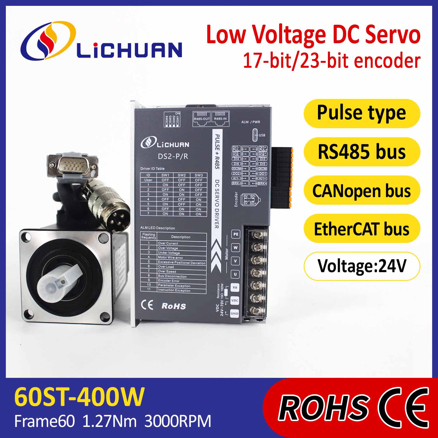 Pulse/rs485/canopen/etercat 60 flanged 400w mababang boltahe DC servo motor driver kit